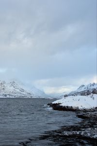 Preview wallpaper shore, mountains, snow, water, landscape