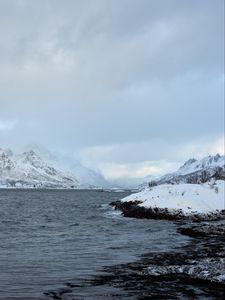 Preview wallpaper shore, mountains, snow, water, landscape