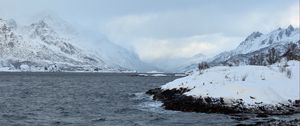 Preview wallpaper shore, mountains, snow, water, landscape