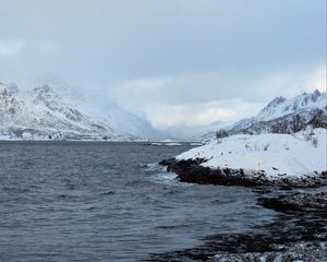 Preview wallpaper shore, mountains, snow, water, landscape