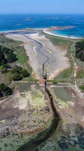 Preview wallpaper shore, river, house, aerial view