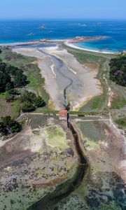 Preview wallpaper shore, river, house, aerial view