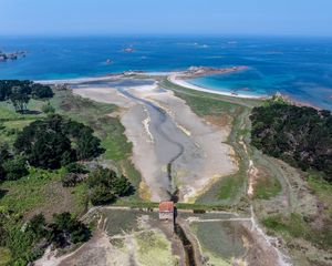 Preview wallpaper shore, river, house, aerial view