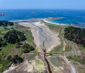 Preview wallpaper shore, river, house, aerial view