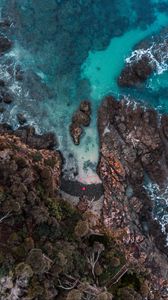 Preview wallpaper shore, rock, aerial view, water, sea