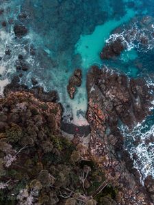 Preview wallpaper shore, rock, aerial view, water, sea