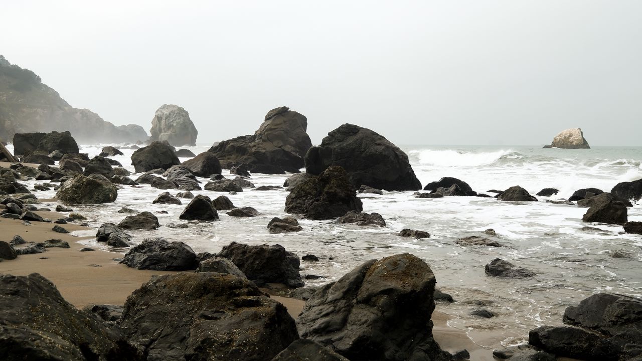 Wallpaper shore, rocks, waves, water, sand, sky, nature