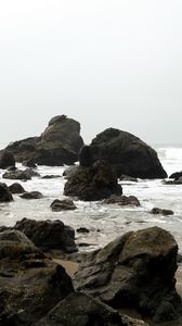 Preview wallpaper shore, rocks, waves, water, sand, sky, nature