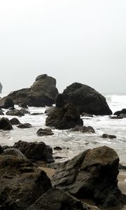 Preview wallpaper shore, rocks, waves, water, sand, sky, nature
