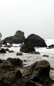 Preview wallpaper shore, rocks, waves, water, sand, sky, nature
