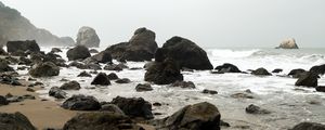 Preview wallpaper shore, rocks, waves, water, sand, sky, nature