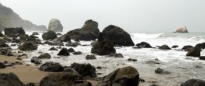 Preview wallpaper shore, rocks, waves, water, sand, sky, nature