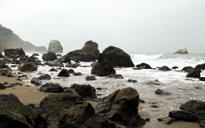 Preview wallpaper shore, rocks, waves, water, sand, sky, nature