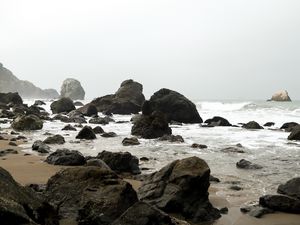 Preview wallpaper shore, rocks, waves, water, sand, sky, nature