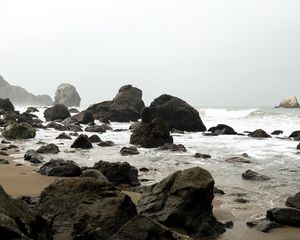 Preview wallpaper shore, rocks, waves, water, sand, sky, nature