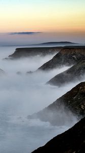 Preview wallpaper shore, sea, fog, dusk, morning