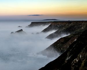 Preview wallpaper shore, sea, fog, dusk, morning