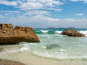 Preview wallpaper shore, sea, water, stones, landscape