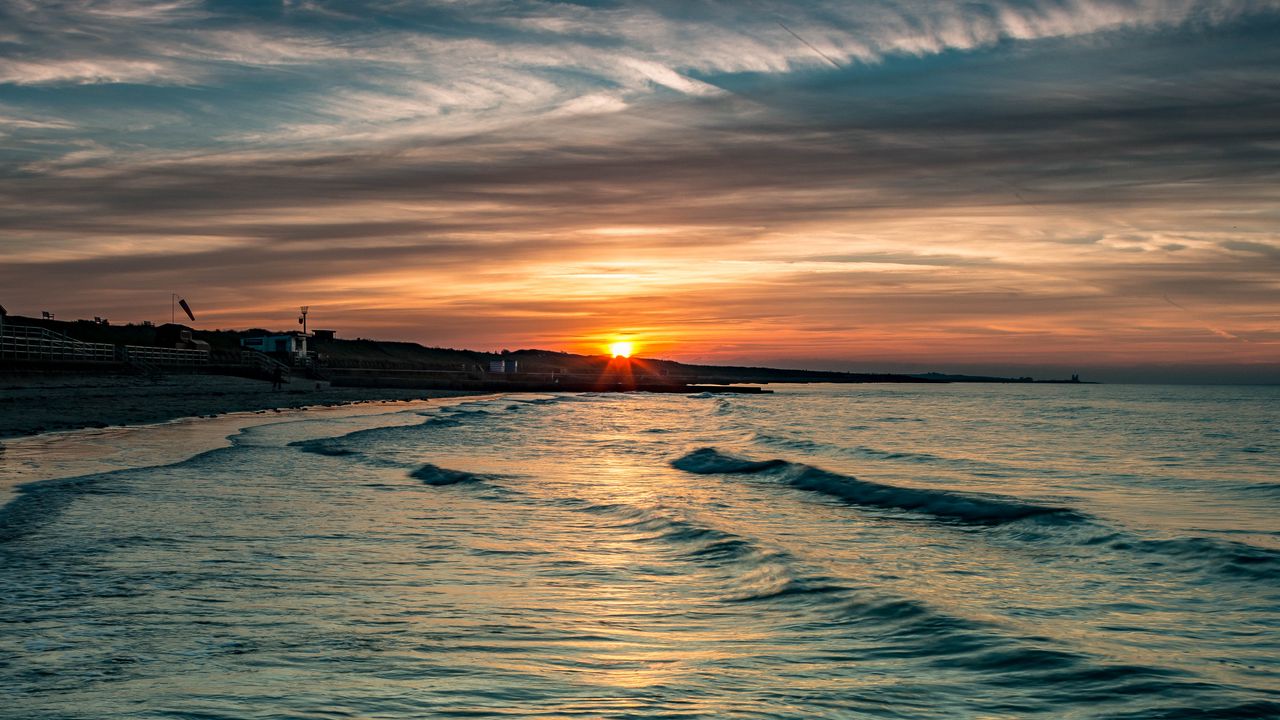Wallpaper shore, sea, water, sun sunset