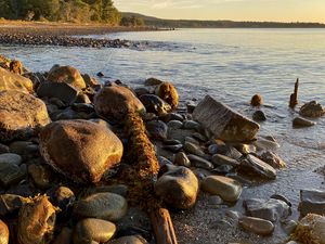 Preview wallpaper shore, stones, sea, horizon, landscape