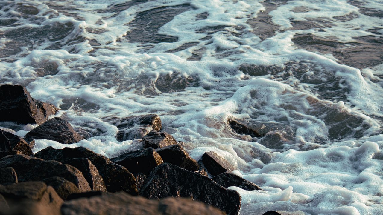 Wallpaper shore, stones, water, waves, nature