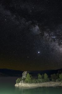 Preview wallpaper shore, trees, river, stars, night, milky way
