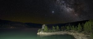 Preview wallpaper shore, trees, river, stars, night, milky way