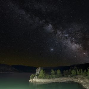 Preview wallpaper shore, trees, river, stars, night, milky way