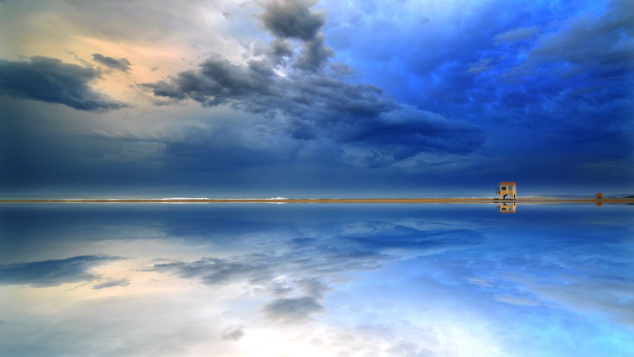 Wallpaper shore, water, clouds, reflection, landscape