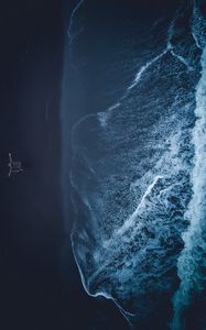 Preview wallpaper shore, wave, man, aerial view, loneliness, freedom