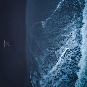 Preview wallpaper shore, wave, man, aerial view, loneliness, freedom