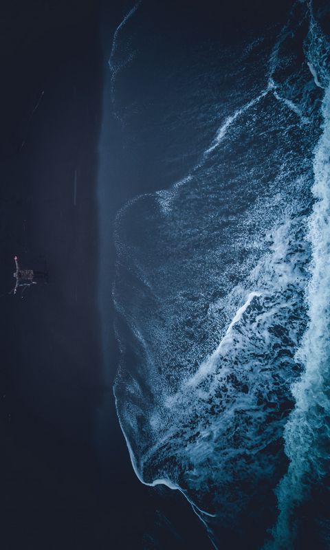 480x800 Wallpaper shore, wave, man, aerial view, loneliness, freedom