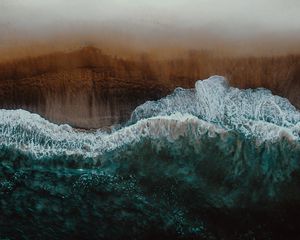Preview wallpaper shore, wave, surf, foam, sand, aerial view