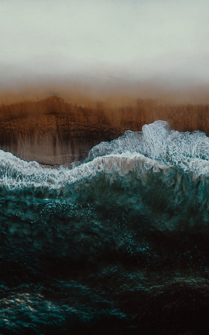 800x1280 Wallpaper shore, wave, surf, foam, sand, aerial view