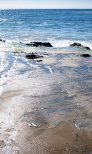 Preview wallpaper shore, waves, stones, sea, horizon, nature