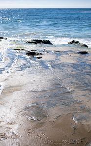 Preview wallpaper shore, waves, stones, sea, horizon, nature