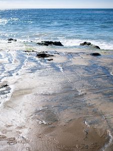 Preview wallpaper shore, waves, stones, sea, horizon, nature