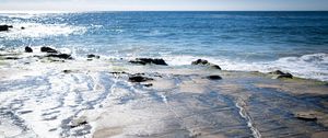 Preview wallpaper shore, waves, stones, sea, horizon, nature