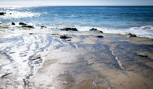 Preview wallpaper shore, waves, stones, sea, horizon, nature