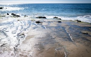 Preview wallpaper shore, waves, stones, sea, horizon, nature