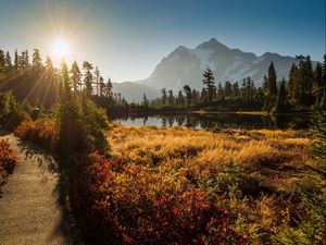 Preview wallpaper shuksan, cascade mountains, washington, grass, sky