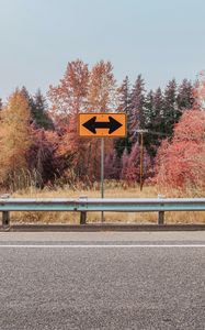 Preview wallpaper sign, arrows, trees, road, autumn