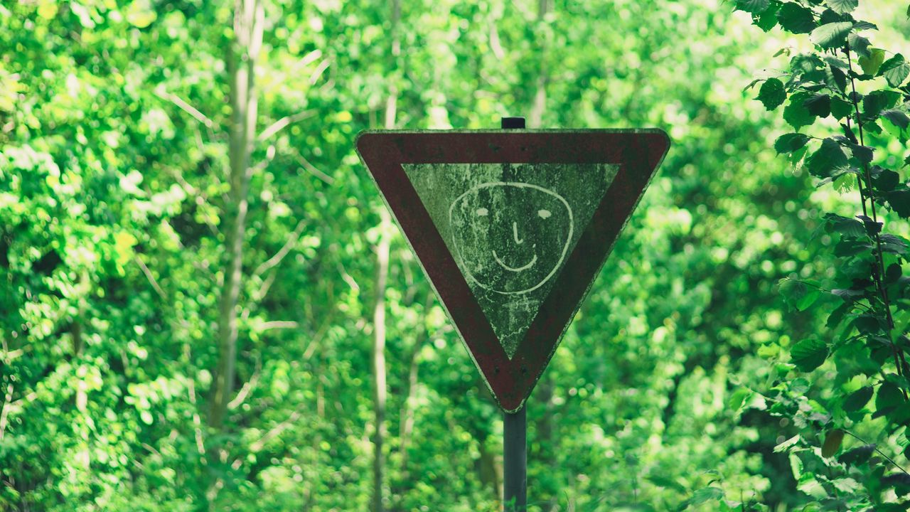 Wallpaper sign, face, drawing, smile, forest, trees