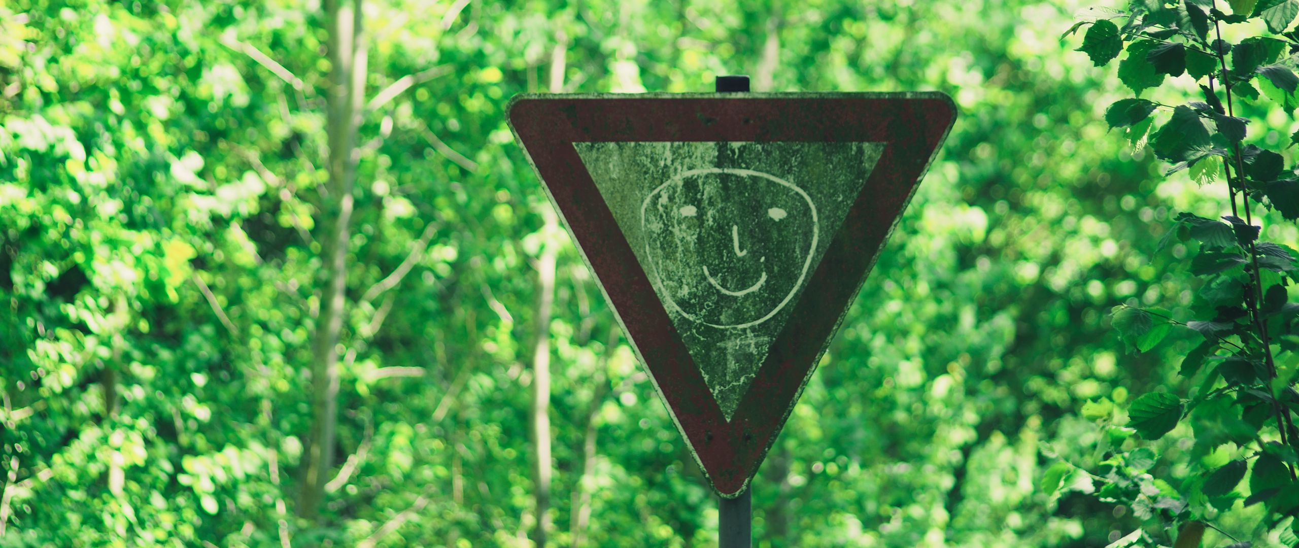 2560x1080 Wallpaper sign, face, drawing, smile, forest, trees