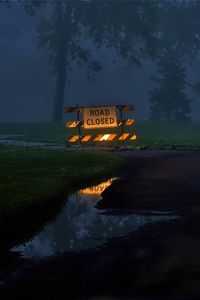 Preview wallpaper sign, forest, puddle, evening, dark