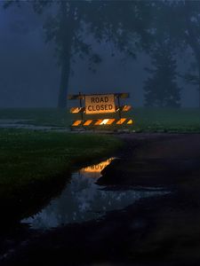 Preview wallpaper sign, forest, puddle, evening, dark