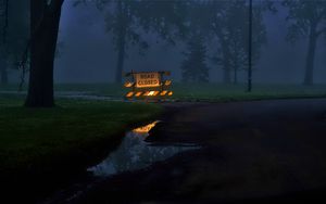 Preview wallpaper sign, forest, puddle, evening, dark