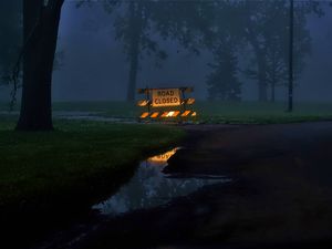 Preview wallpaper sign, forest, puddle, evening, dark