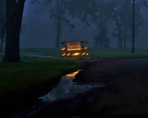 Preview wallpaper sign, forest, puddle, evening, dark