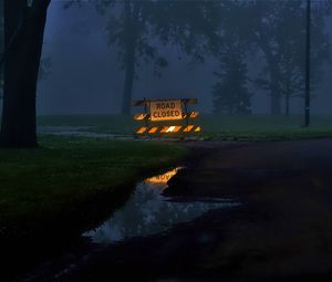 Preview wallpaper sign, forest, puddle, evening, dark